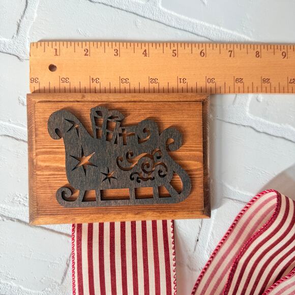 Christmas Holiday Card Holder Brown Sleigh Wooden Topper Red Striped Ribbon - Picture 4 of 7
